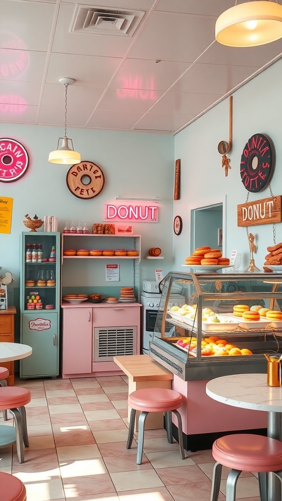 Interior of a charming donut shop with pastel colors, vintage furniture, and a vibrant display of donuts.